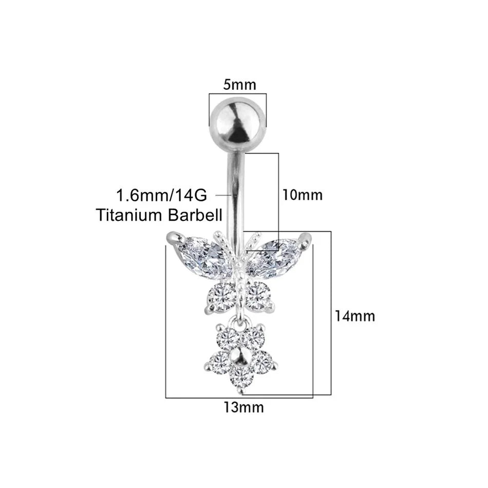 Bijou de nombril pour femme – piercing de ventre en acier inoxydable avec chaîne longue, pampilles et fleur pendante, accessoires de corps pour soirée et plage