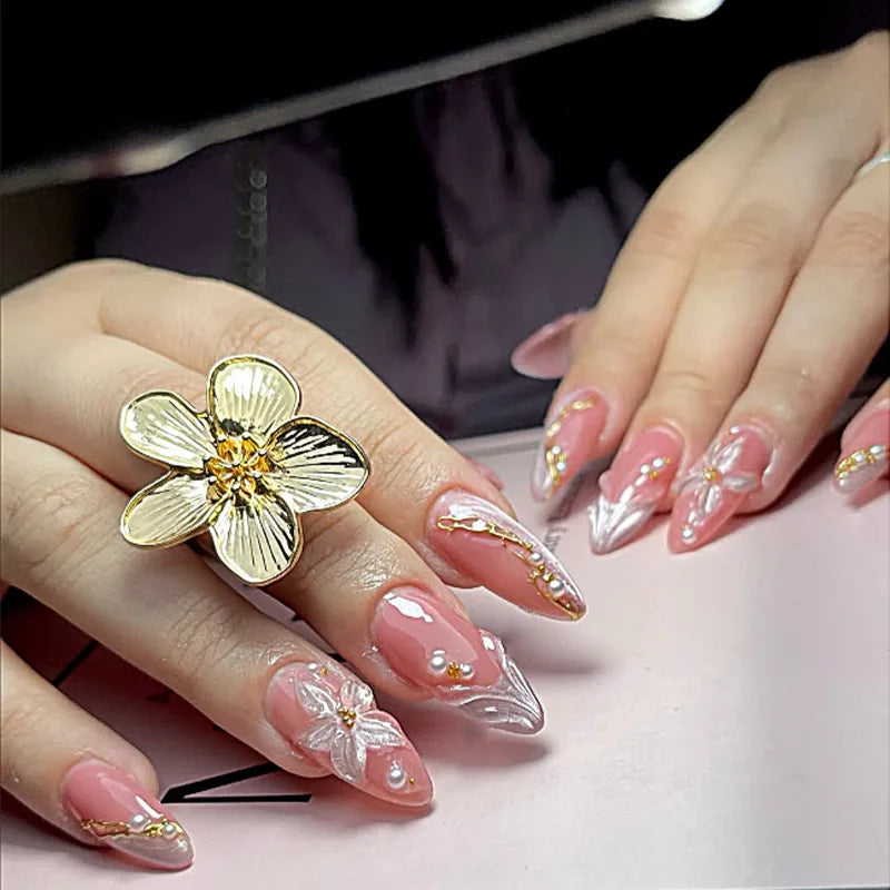 24 pièces mi-long doré amande ongles ensemble presse sur 3D fleur dégradé rose couverture complète faux ongles conseils perle réutilisable faux ongles