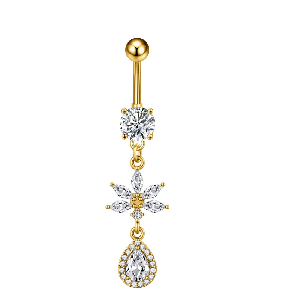 Anneaux de nombril série couleur or, carillon éolien, fleur pendante, cœur, anneau de ventre en acier inoxydable, bijoux de perçage de nombril, 1 pièce