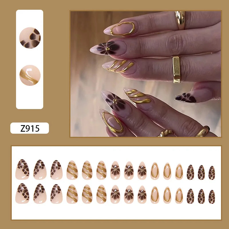 24 pièces de faux ongles à fleurs, style tendance, avec effet dégradé jaune et rose. Ongles portables à couverture complète, forme amande , à poser directement (Press-On Nails).
