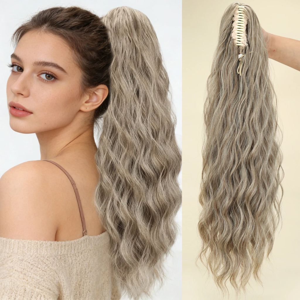 Queue de cheval synthétique ondulée effet Water Wave à pince, noire ou blonde, en fibre résistante à la chaleur, volumineuse et légèrement décoiffée, extension de cheveux pour femmes.