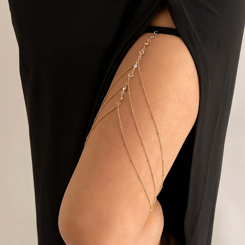 Chaîne de cuisse élastique bohème avec cristaux pour femmes, été, plage, sexy, à pampilles, multi-couches, ajustable, bijou de corps pour décorer une tenue.