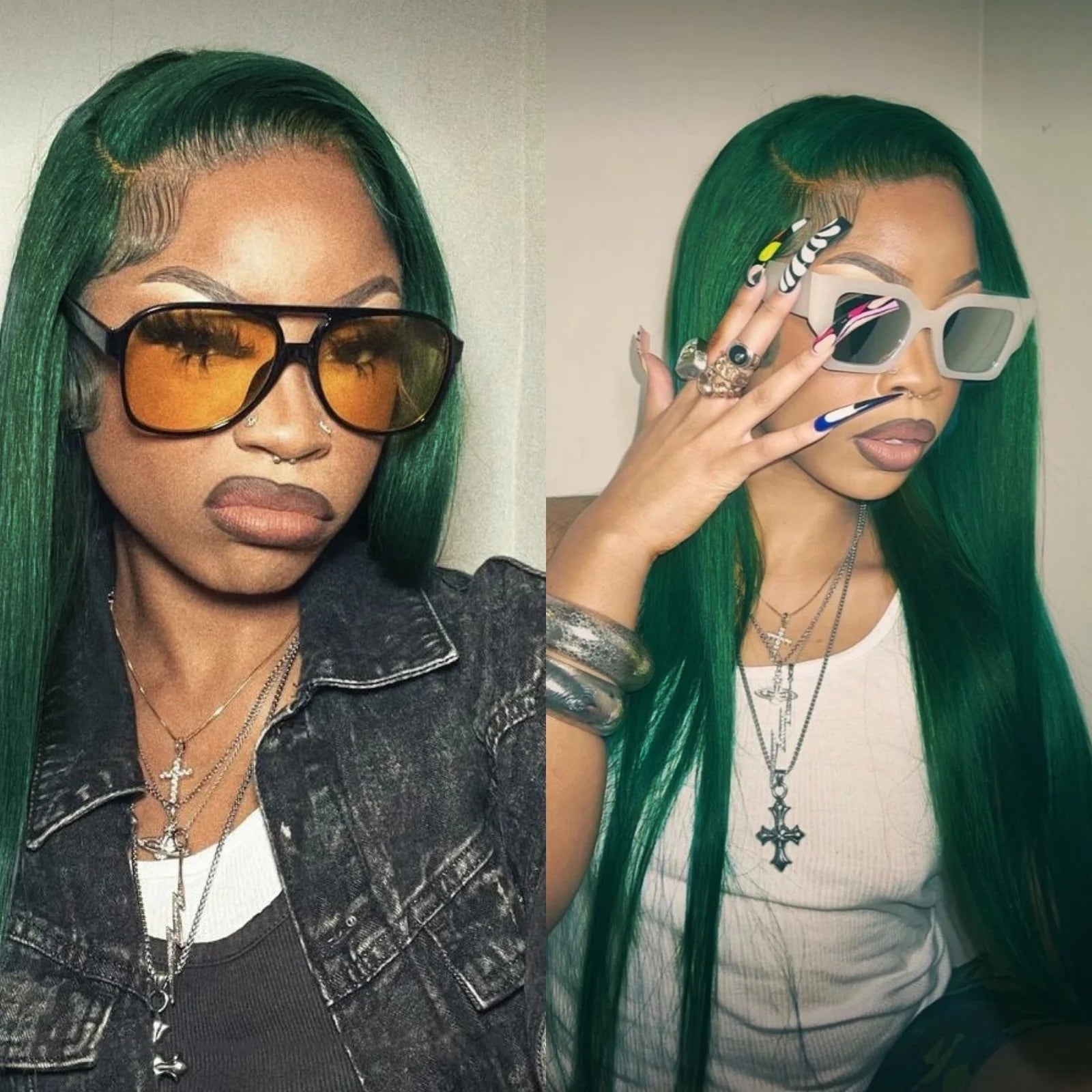 Perruque synthétique longue de couleur vert foncé avec lace frontale 13x4 pour un rendu plus naturel au niveau de la ligne des cheveux. Sa texture lisse et sa couleur originale apportent un style audacieux. Fabriquée en fibre résistante à la chaleur.
