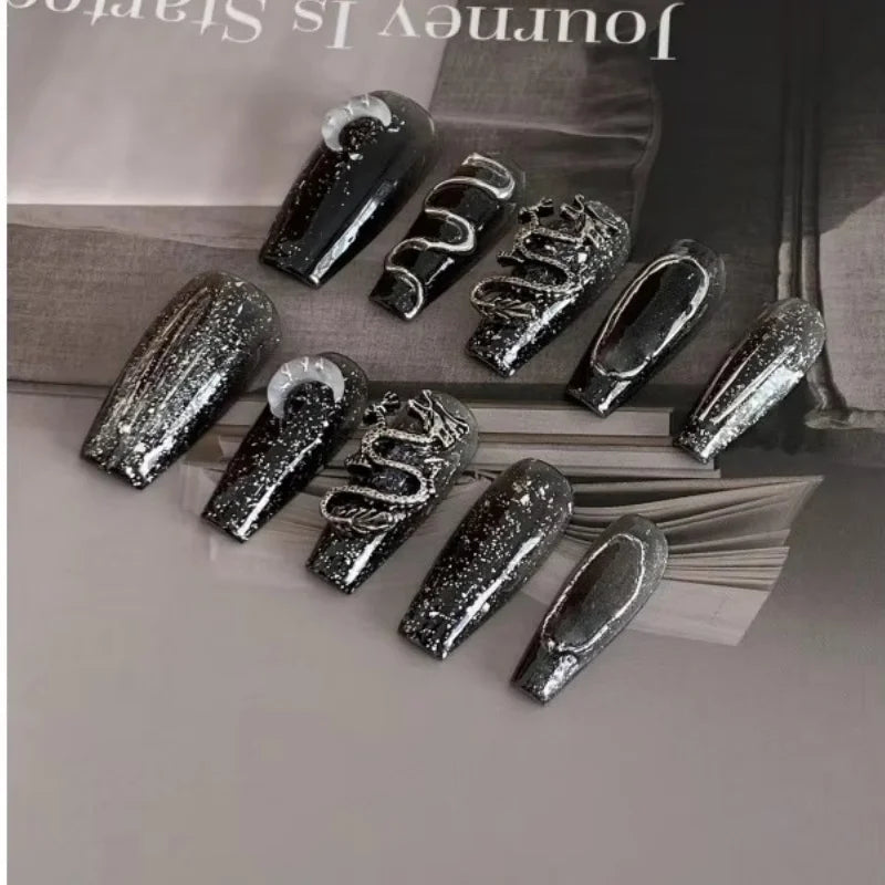 10 pièces ongles à pression ongles cercueil faits à la main série Dragon foncé paillettes fines paillettes détachables ongles réutilisables