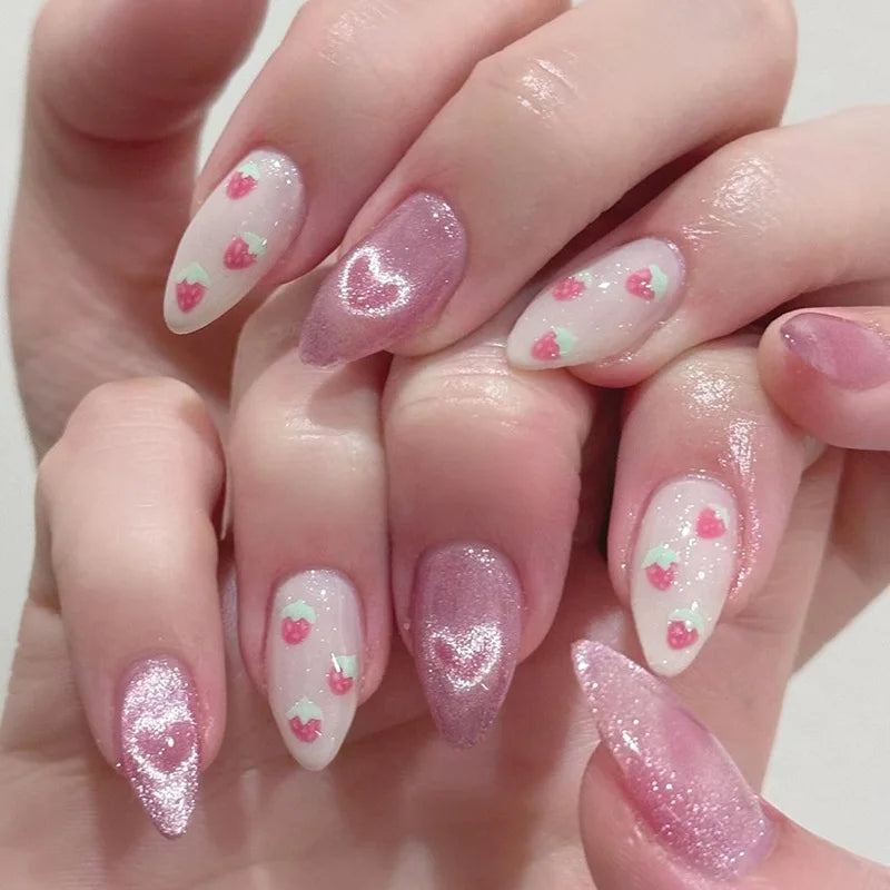 24 pièces doux oeil de chat français presse sur ongles diamant pointu tridimensionnel nœud papillon portable ongles pour femmes et fille amande ongles