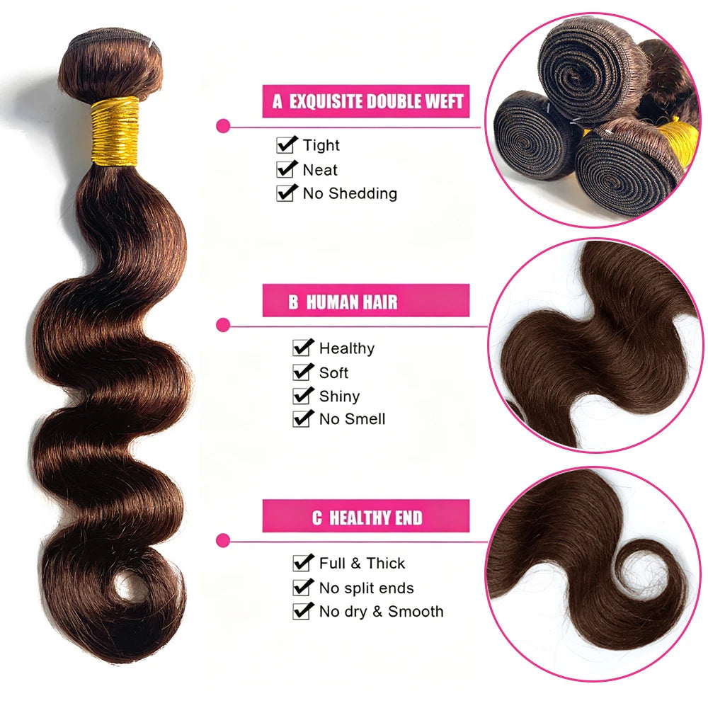 # 4 Bundles de Cheveux Humains Ondulés Brun Foncé 1/3 Pièces, Extensions de Cheveux Remy Brésiliens à Double Trame de 18 à 30 Pouces pour Femmes