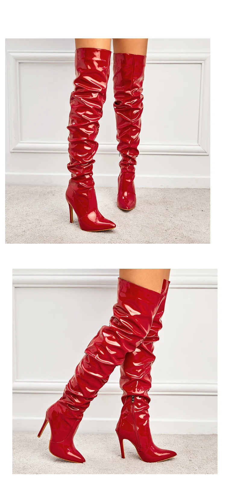 Bottes pour femmes au-dessus du genou, talons hauts, cuir verni, unies, bout pointu, talon aiguille, fermeture éclair latérale, chaussures féminines.
