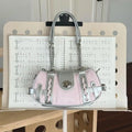 Sac Y2K rose et argent pour femme – sac tendance coréen, sac à bandoulière / crossbody, sac de soirée avec chaîne, forme lune (nouveau modèle)