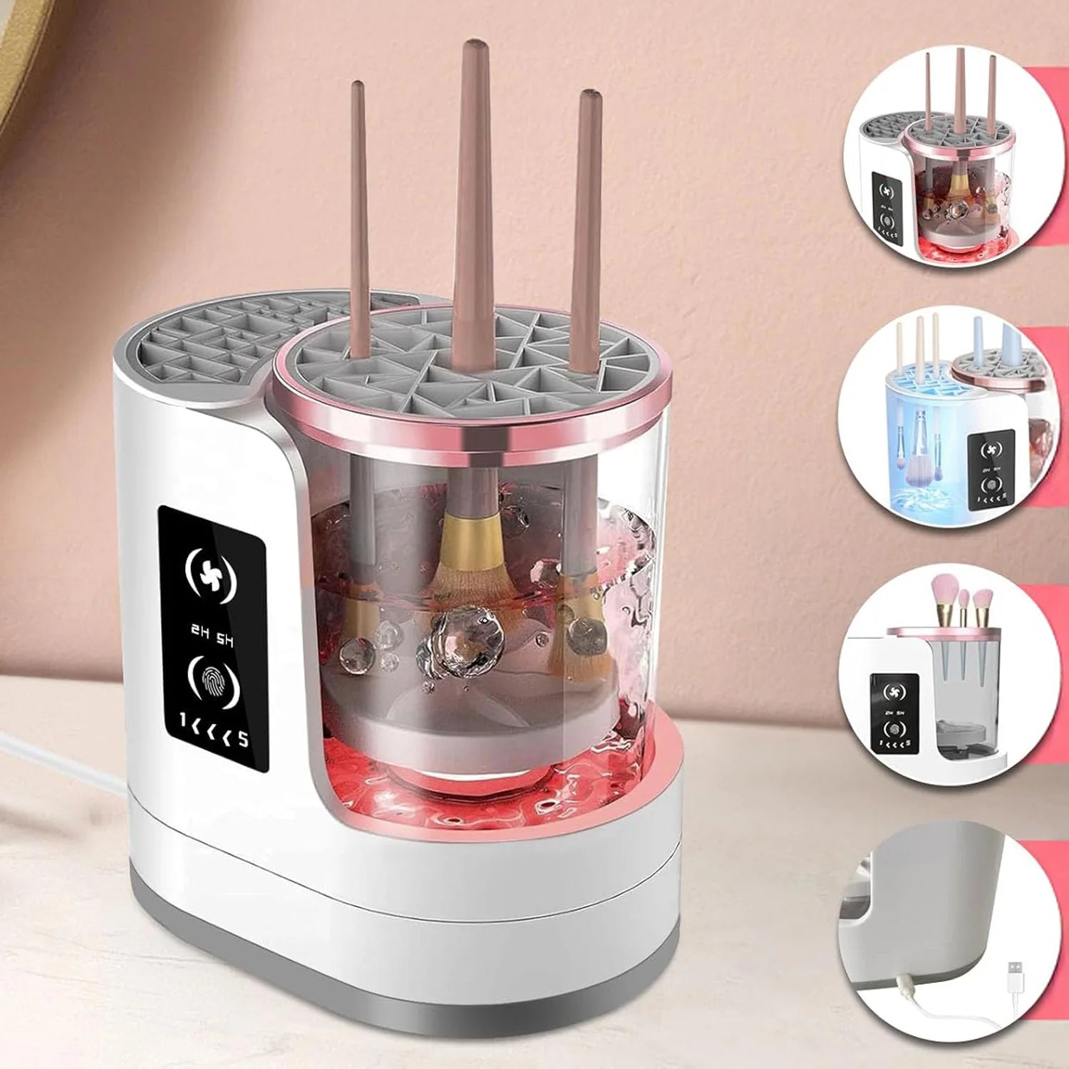 Machine de nettoyage de pinceaux de maquillage électrique 3 en 1 avec séchoir à pinceaux de maquillage, support portable, outil de nettoyage automatique USB pour tous les types de pinceaux de maquillage, fards à paupière