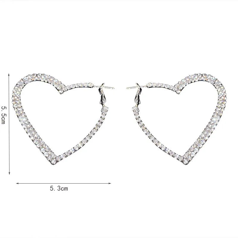 Boucles d’oreilles cœur en cristal brillant couleur argent, style mode, pour femmes, au style exagéré et original, grandes boucles d’oreilles en forme de cœur, bijoux pour mariage et soirée.