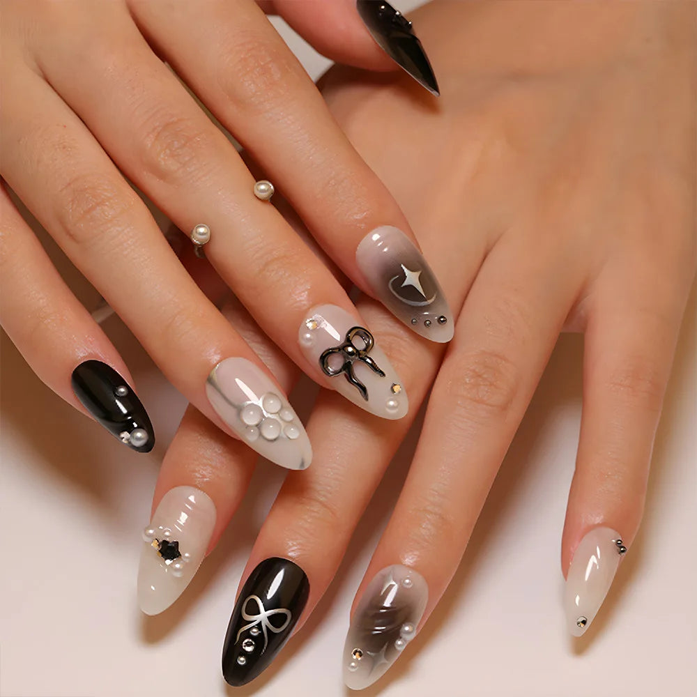 24 pièces doux oeil de chat français presse sur ongles diamant pointu tridimensionnel nœud papillon portable ongles pour femmes et fille amande ongles