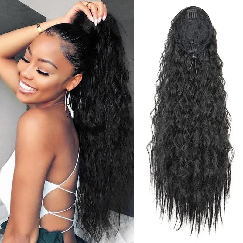 Queue de cheval synthétique longue et bouclée de 22 pouces, extension de cheveux à cordon de serrage, postiche noir à clipser pour femme