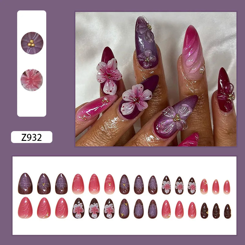 24 pièces de faux ongles à fleurs, style tendance, avec effet dégradé jaune et rose. Ongles portables à couverture complète, forme amande , à poser directement (Press-On Nails).