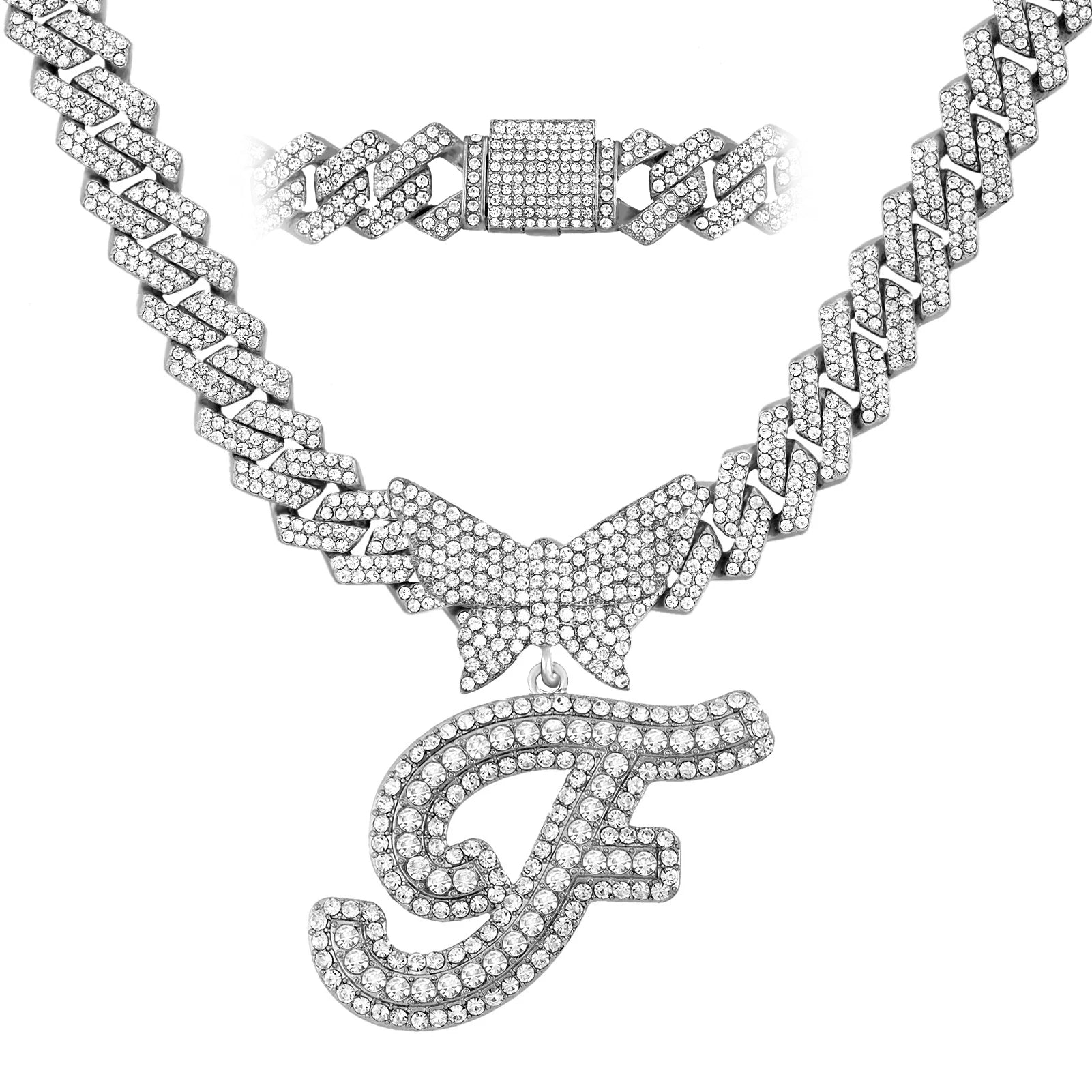 Collier chaîne cubaine 14 mm pour hommes et femmes, avec pendentif papillon en cristal et initiales, lettres cursives style “iced out”, bijou de style rappeur, nouveau bijou de mode.
