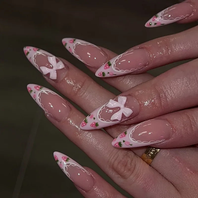 24 pièces arc faux ongles blanc français Long Stiletto faux ongles pointe fleur perle conception amande presse sur ongles acrylique couverture complète ongles