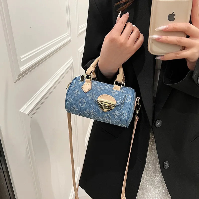 Sacs en jean tendance pour femmes, sacs bandoulière élégants et polyvalents, sacs à main cylindriques ronds à la mode