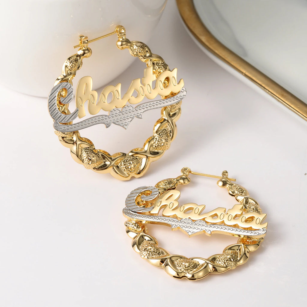 Qitian-Boucles d'Oreilles XOXO Personnalisées avec Nom en Forme de Cœur, en Bambou, Plaque Nominative, Cadeaux pour Femme