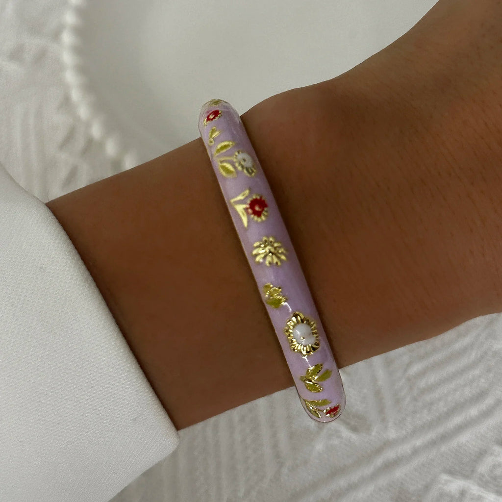 Bracelet élégant en émail goutte d'eau à texture florale pour femme, plaqué or rétro, avec zircon floral et motif œil porte-bonheur, bijou de fête