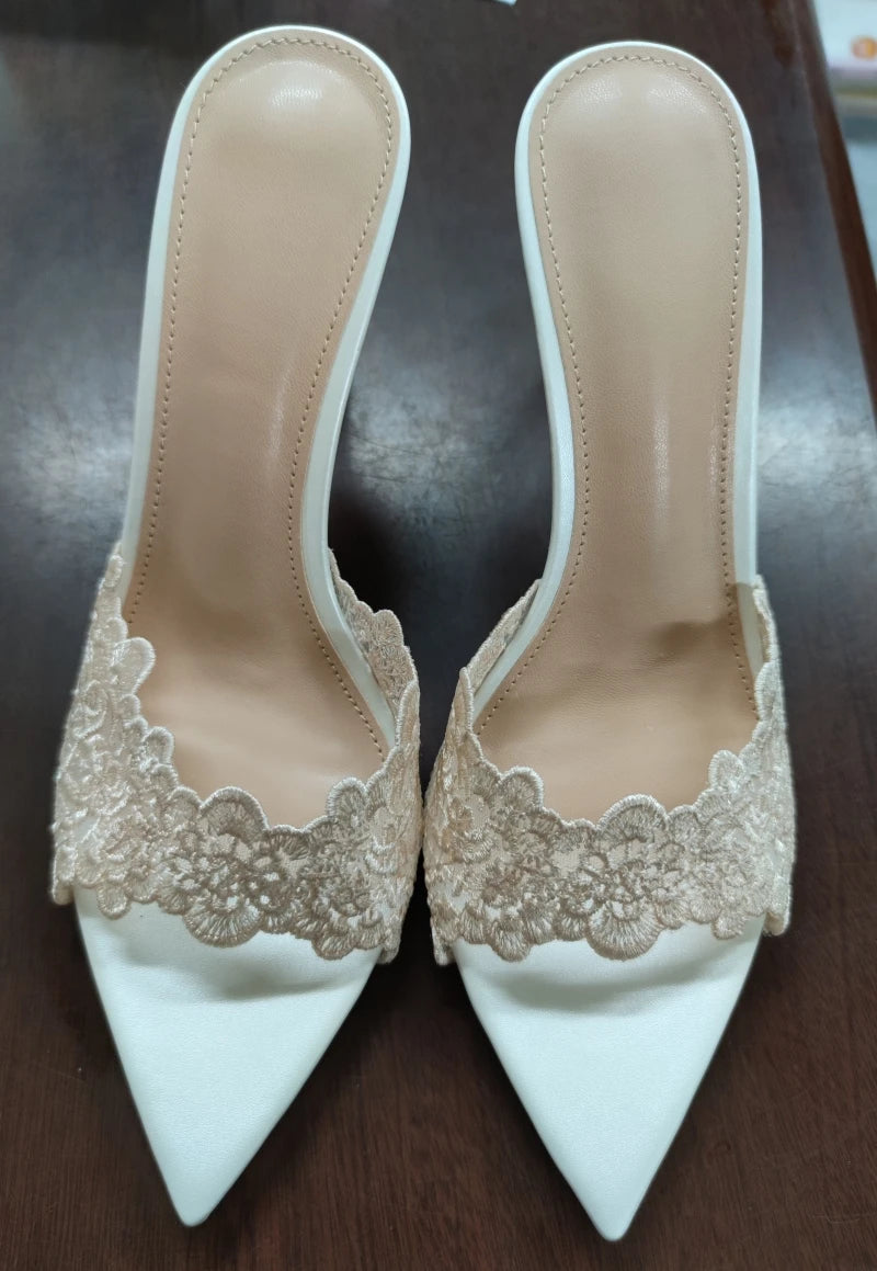 Sandales à talons hauts pour femmes, chaussures brodées en dentelle, mules sexy et confortables, chaussures de banquet, été, nouveau