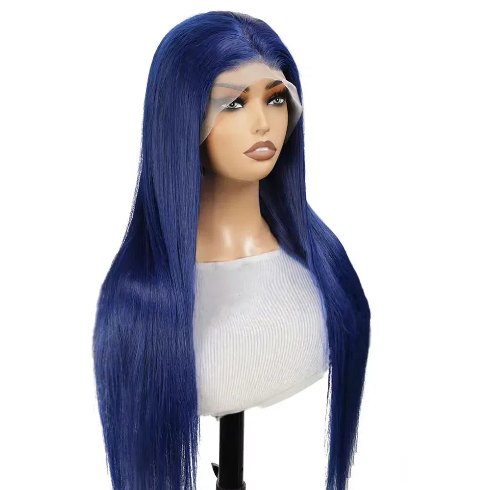 Perruque longue bleue lisse 26 pouces, densité 180 %, lace front profonde naturelle, synthétique, pré-épilée, sans colle, idéale pour un usage quotidien