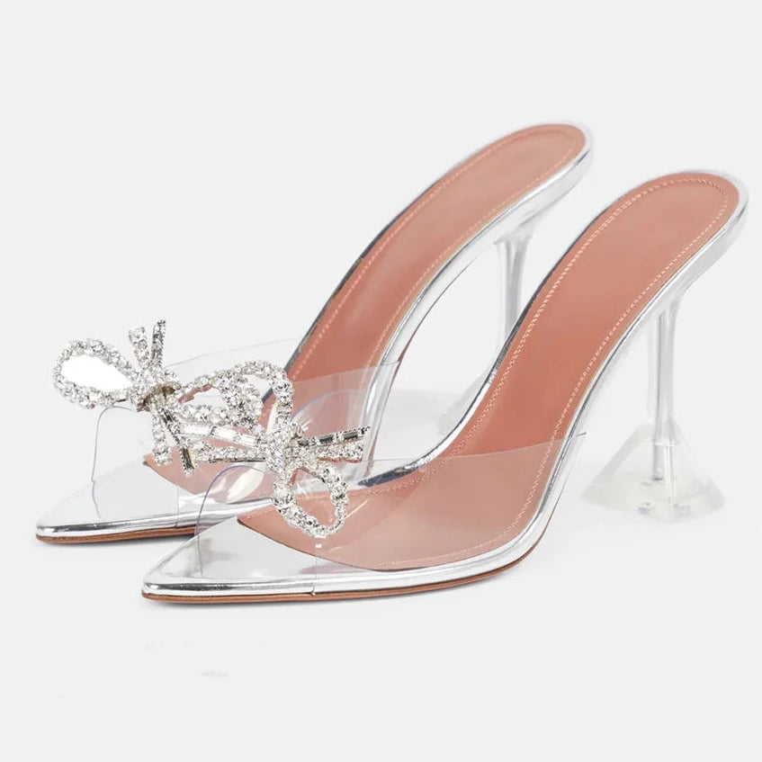Grande taille 35-45, mules transparentes en PVC avec strass et nœud, élégantes sandales à talons hauts pour femmes, chaussures d’été tendance, sandales et mules à enfiler.