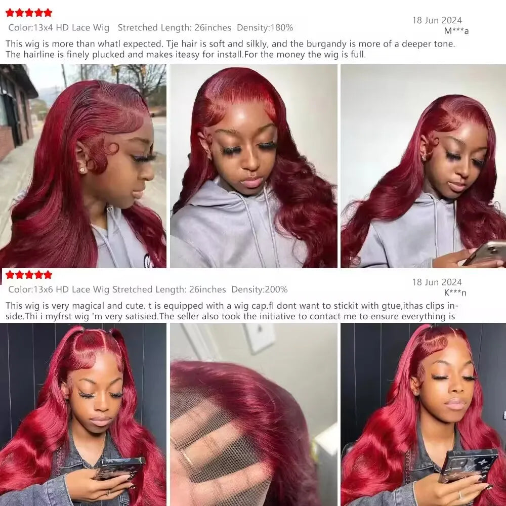 Sublime perruque bordeaux 99J en cheveux humains 100 % naturels avec texture Body Wave. Dentelle HD 13x4 ou 13x6 pour un effet cuir chevelu ultra réaliste. Ligne capillaire pré-épilée pour un rendu naturel, densité 200 %