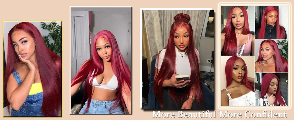 Perruque de cheveux humains lisses bordeaux avec dentelle frontale HD 13x6, 30-36 pouces, couleur rouge 99J, pour femmes