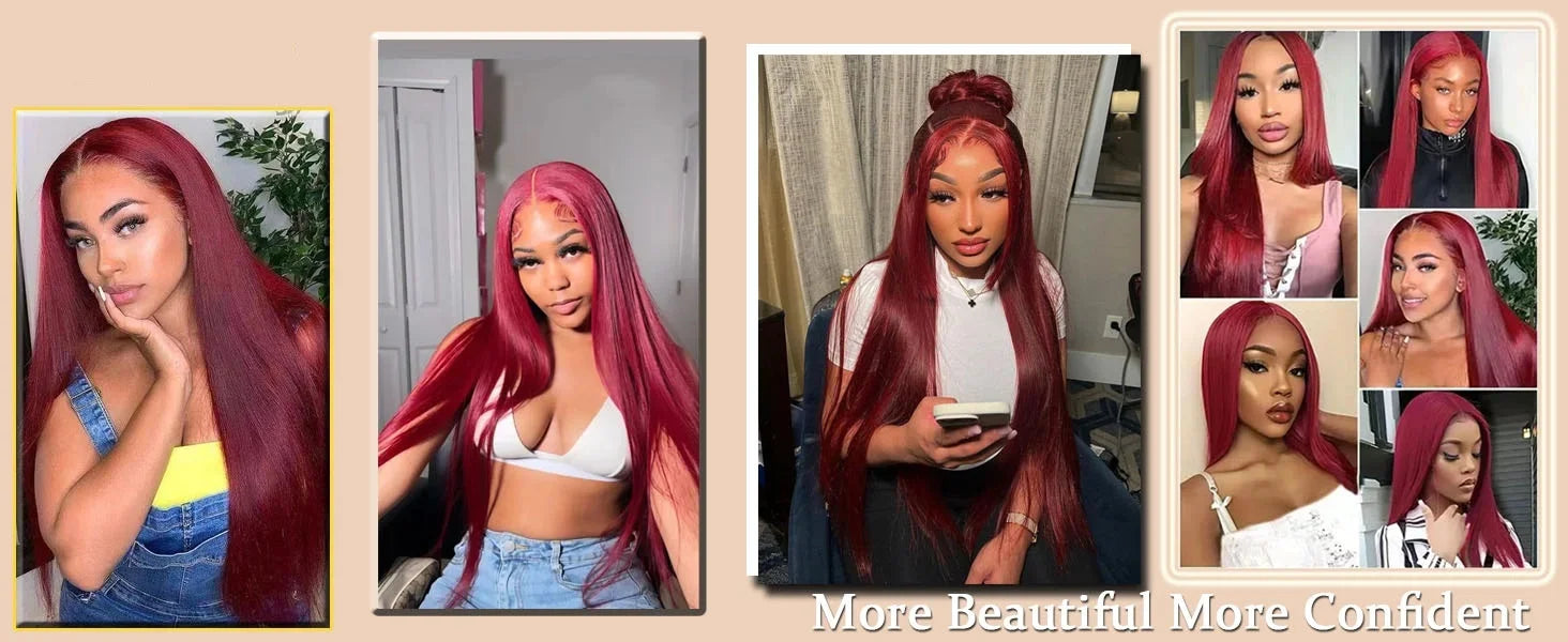 Perruque de cheveux humains lisses bordeaux avec dentelle frontale HD 13x6, 30-36 pouces, couleur rouge 99J, pour femmes