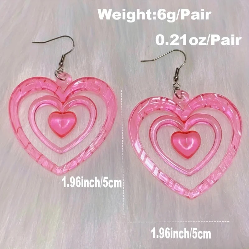 Boucles d’oreilles pendantes superposées en acrylique rose en forme de cœur, style Y2K vintage, pour femmes et filles, bijoux d’été doux pour soirée, accessoires de fête, cadeau.