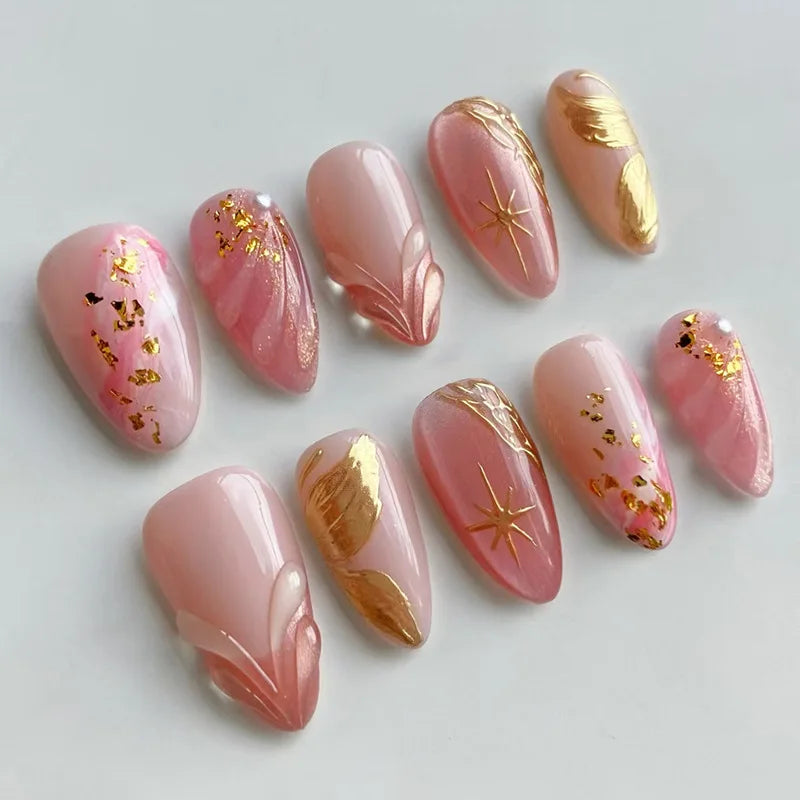 24 pièces mi-long doré amande ongles ensemble presse sur 3D fleur dégradé rose couverture complète faux ongles conseils perle réutilisable faux ongles