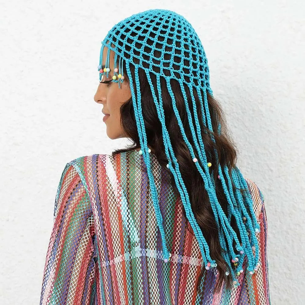 Chapeau tricoté ajouré respirant, béret Y2k fait à la main avec perles et pompons, chapeaux décontractés au Crochet pour femmes