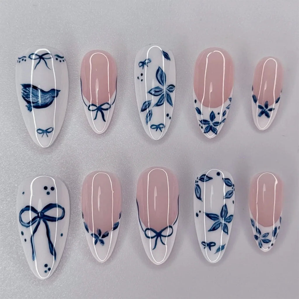 24 pièces de faux ongles à fleurs, style tendance, avec effet dégradé jaune et rose. Ongles portables à couverture complète, forme amande , à poser directement (Press-On Nails).