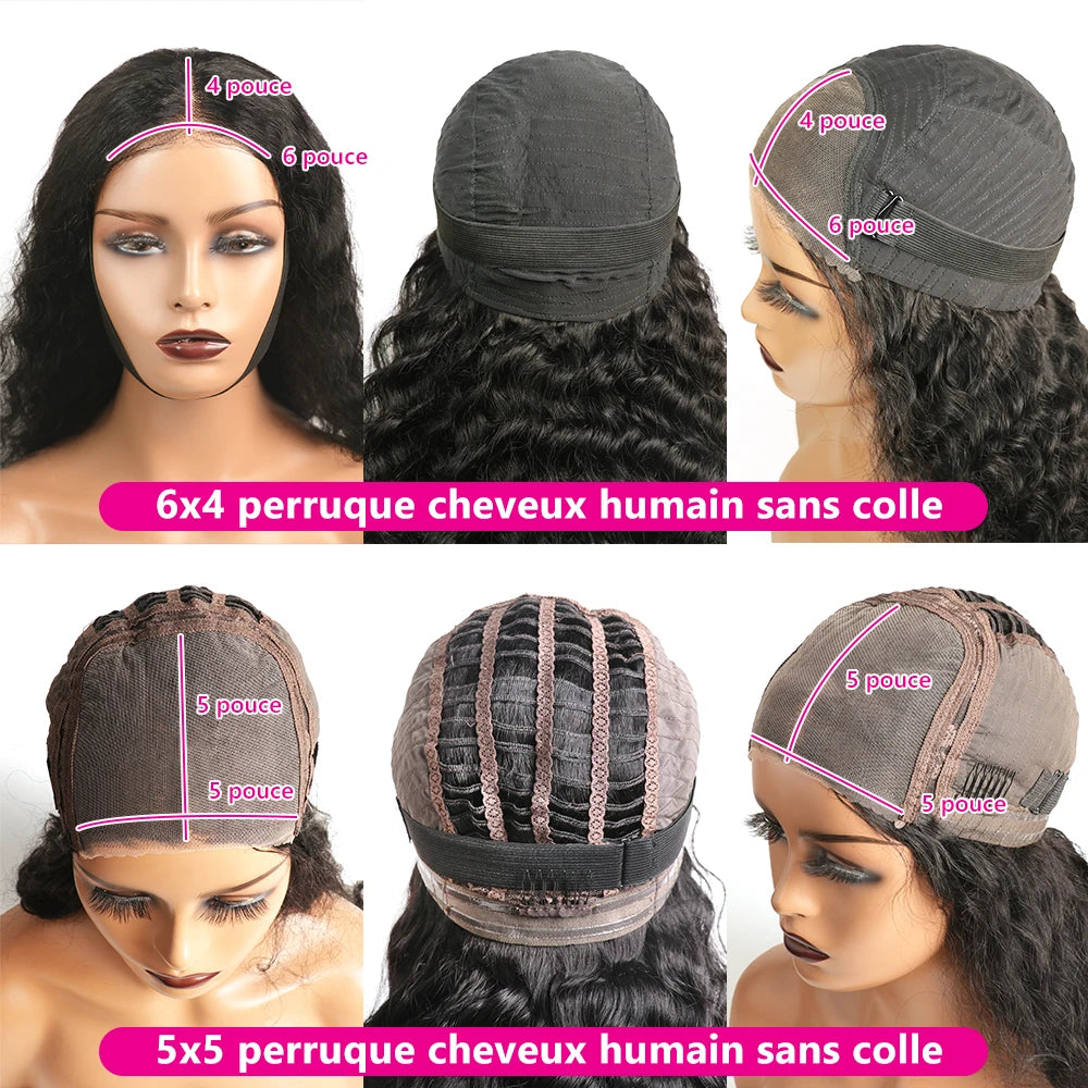 Perruque Deep Wave Premium Glueless 180 % de Densité – 100 % Cheveux Humains Remy, Lace Closure 6x4 ou 5x5, Prête à Porter, Volume Naturel et Finition Invisible