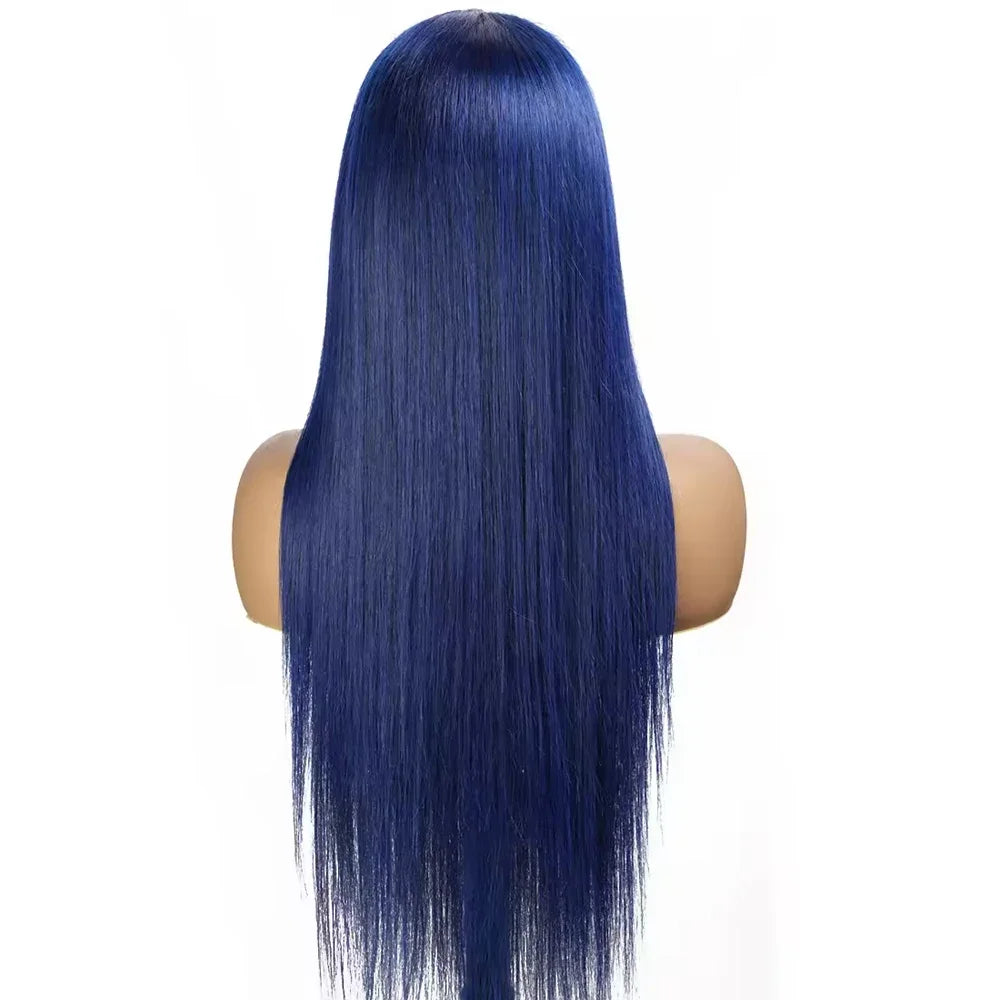 Perruque longue bleue lisse 26 pouces, densité 180 %, lace front profonde naturelle, synthétique, pré-épilée, sans colle, idéale pour un usage quotidien