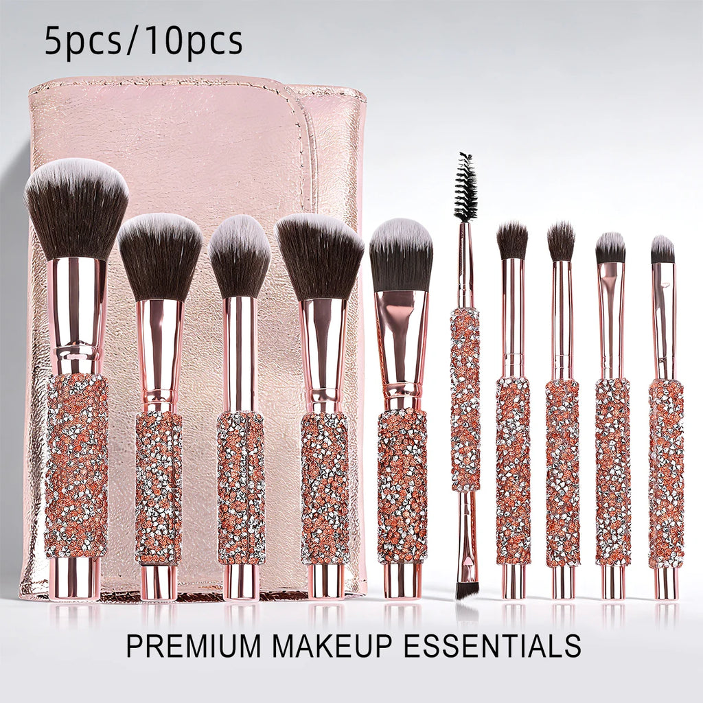 Ensemble de 5/10 pinceaux de maquillage de luxe incrustés de strass avec sac en PU rose gold, outils de beauté portables pour femmes