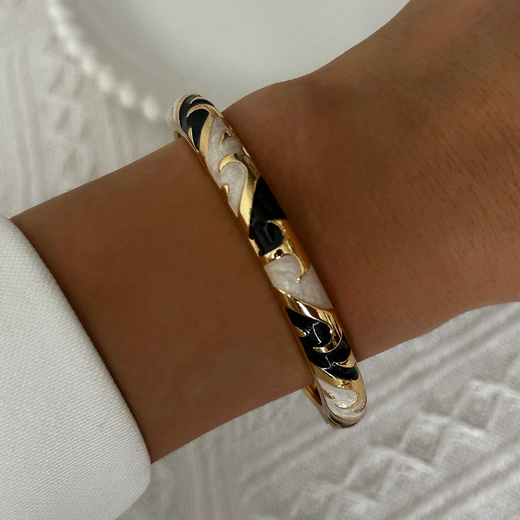 Bracelet élégant en émail goutte d'eau à texture florale pour femme, plaqué or rétro, avec zircon floral et motif œil porte-bonheur, bijou de fête
