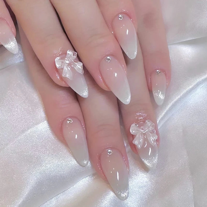 24 pièces doux oeil de chat français presse sur ongles diamant pointu tridimensionnel nœud papillon portable ongles pour femmes et fille amande ongles