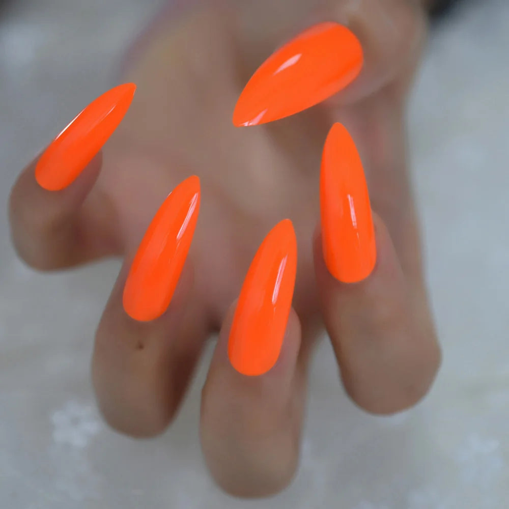 Faux ongles néon extrêmement longs, Orange vif, à pression, Style carnaval, décoration, conseils de manucure, pour Salon de manucure, 24