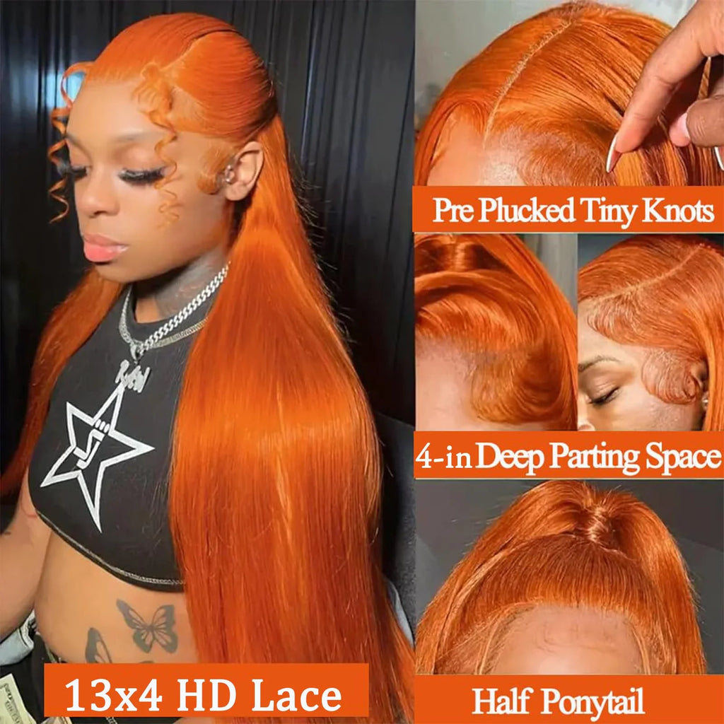 Perruque Lisse Orange Gingembre de 30 Pouces, Cheveux Humains Péruviens Colorés 350, Lace Frontale HD Transparente 13x6 13x4 pour Femmes