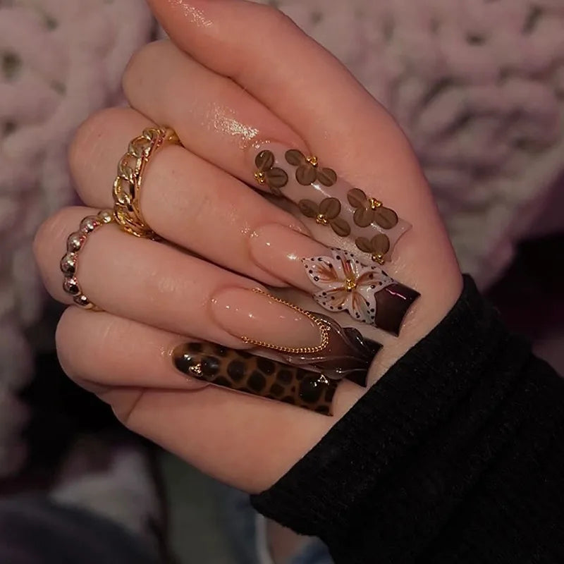Faux Ongles Longs Bruns N64.Glitter Ballet Wearable, Design Français, Presse Complète sur Nail Ins, Nail Tips Art, 24Pcs