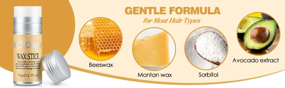 Stick de cire coiffante pour cheveux et perruques, formule professionnelle sous forme de gel-crème non grasse. Idéal pour lisser et discipliner les cheveux rebelles, les frisottis et les petits cheveux cassés. Convient aux hommes et aux femmes