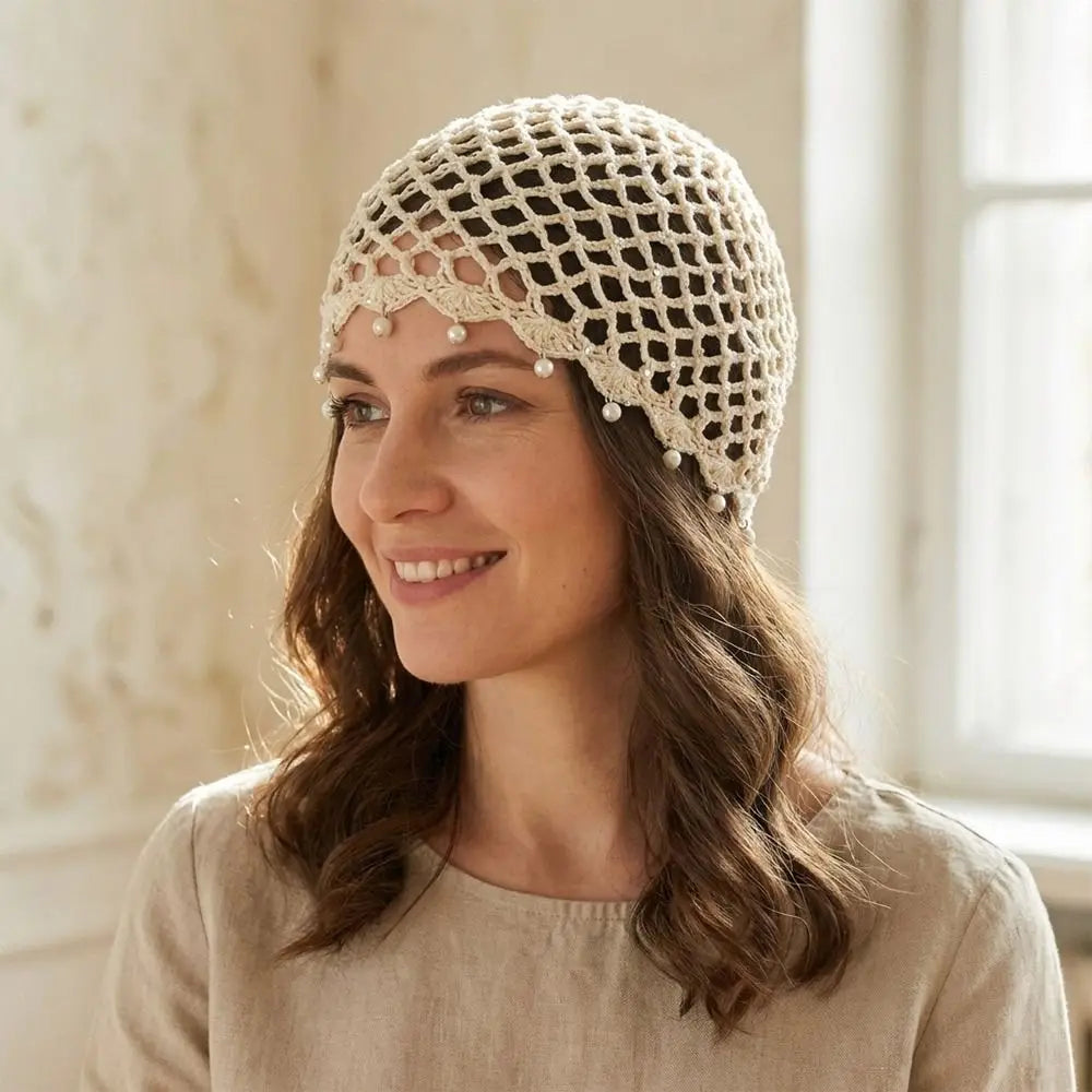 Bonnet en crochet ajouré tressé respirant avec perles et franges, style rétro, pour femme, été