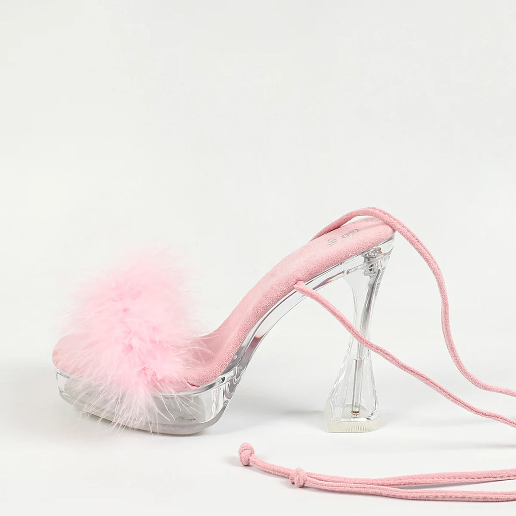 Nouvelles sandales d’été pour femmes en fourrure, à lacets autour de la cheville, talons hauts pour soirée (12 cm), modèles transparents avec cristaux, chaussures grandes tailles pour femmes, talons à bout carré.