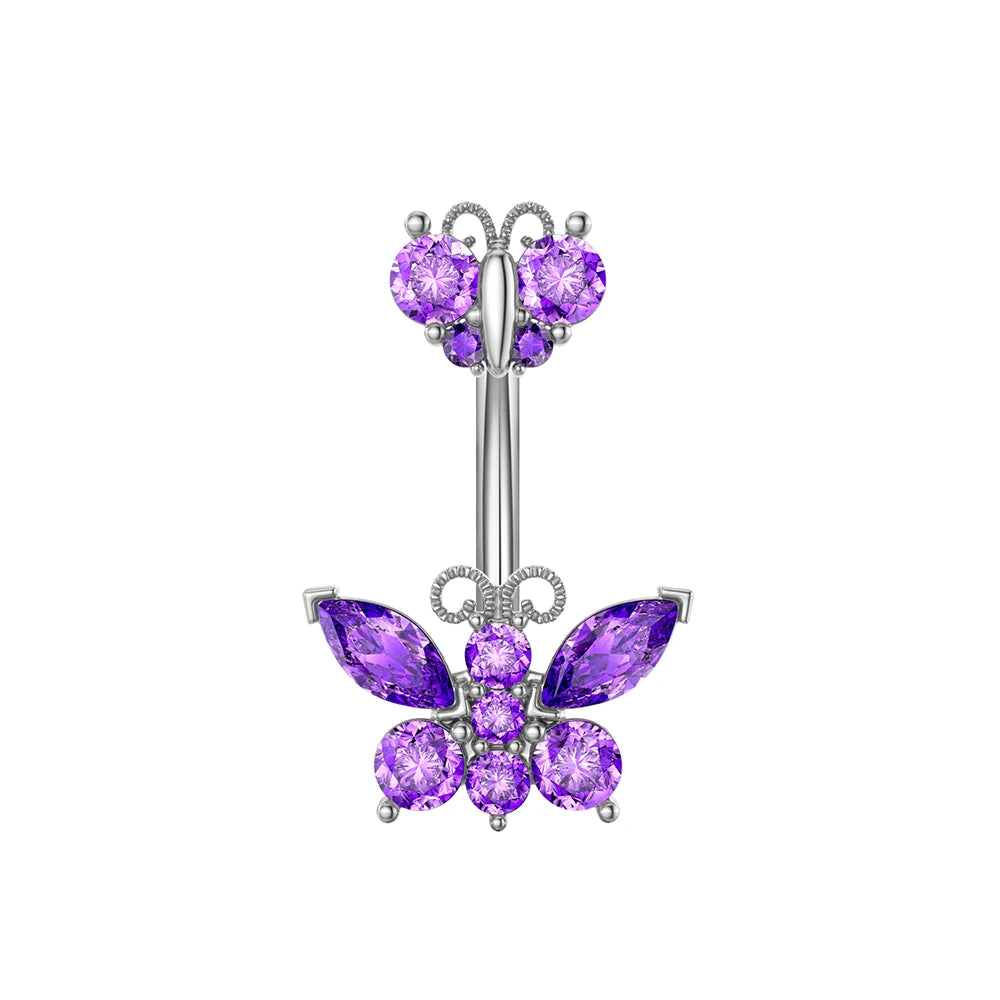 1 pièce Anneau de nombril incurvé en acier inoxydable couleur or avec cristaux CZ, motif papillon abeille, 14G, avec pendentif
