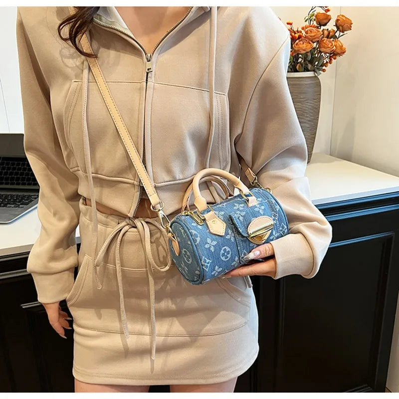 Sacs en jean tendance pour femmes, sacs bandoulière élégants et polyvalents, sacs à main cylindriques ronds à la mode