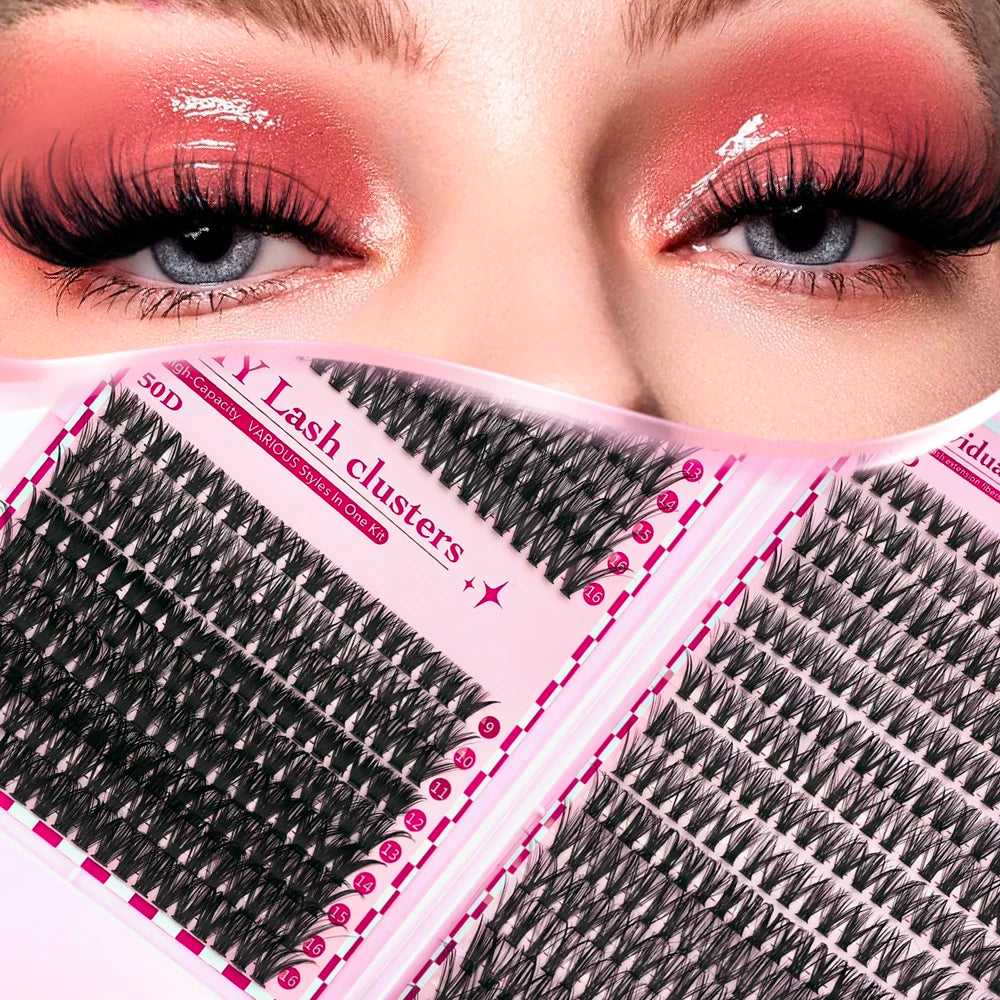 Kit d’extensions de cils DIY 700 pièces – Bouquets de cils 30D, 40D, 50D et 80D avec longueurs mixtes de 9 à 16 mm. Courbure D pour un regard plus ouvert et élégant.