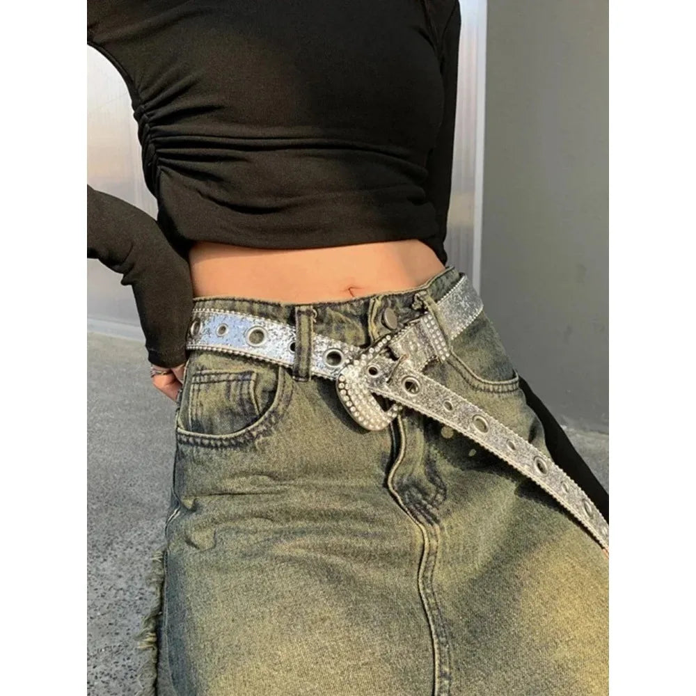 Ceinture femme mode Y2K – imprimé uni, cloutée, entièrement ornée de strass, en cuir PU, brillante style cristal, réglable, ceinture scintillante pour club et soirée
