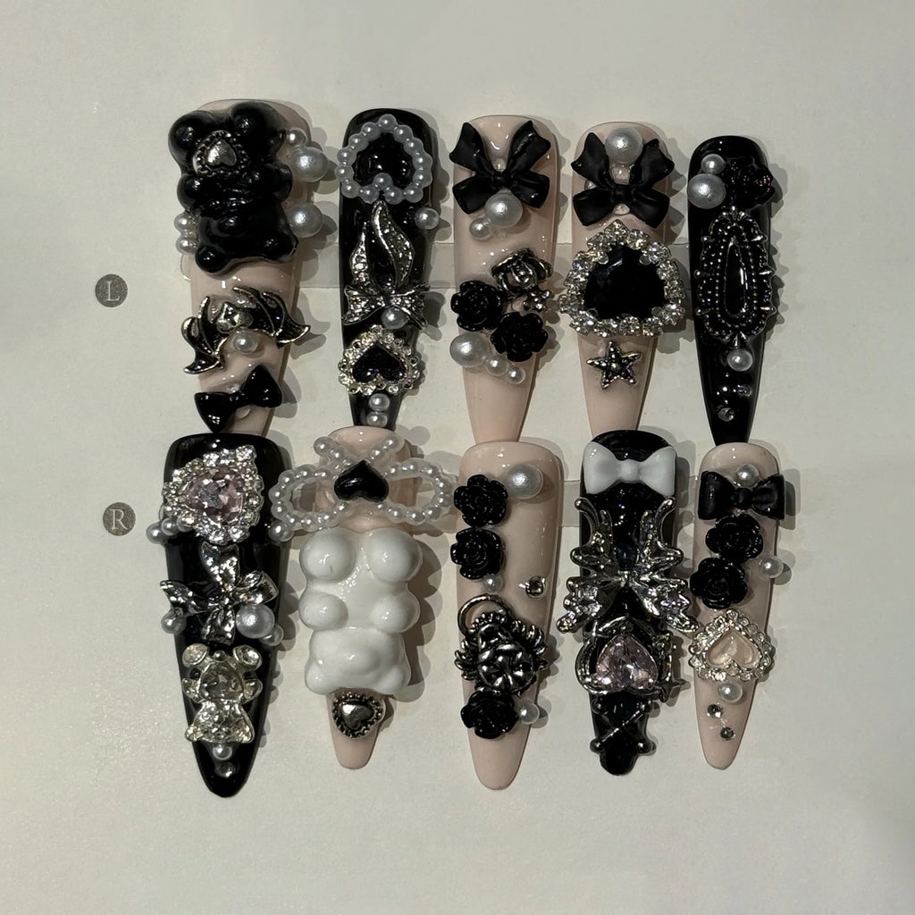 10 faux ongles longs stiletto roses avec nœud papillon, à presser, camélia blanc, détachables, avec strass scintillants pour nail art
