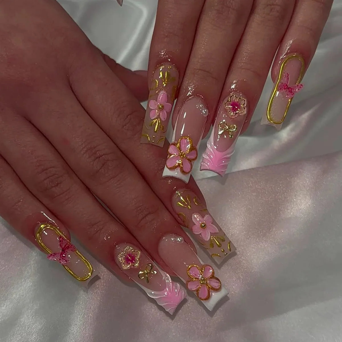 24 faux ongles longs carrés à presser, motif léopard, design cerise 3D, strass, couvrance totale, prêts à poser