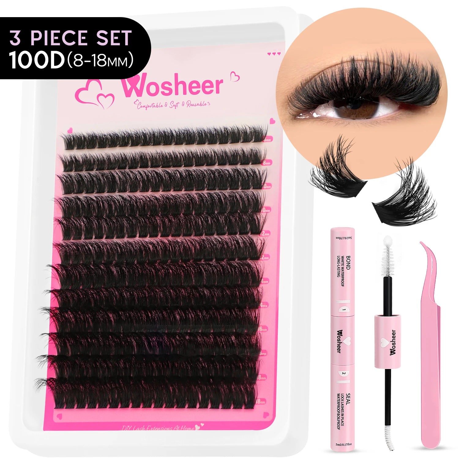 Kit de bouquets de faux cils – Extensions de cils individuelles en bouquets, effet volumineux et léger, plateau de tailles mixtes, avec colle et fixateur pour cils (Lash Bond & Seal) ainsi qu’une pince applicatrice incluse.
